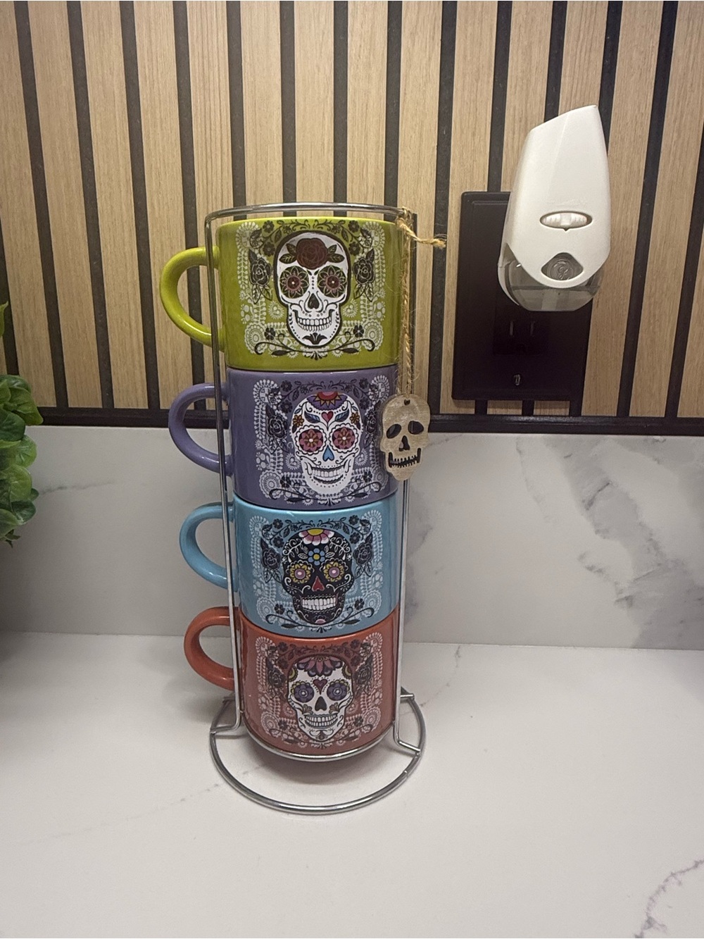 Stackable Sugar Skull Ceramic Mug Set - Green, Purple, Blue, Terracotta -